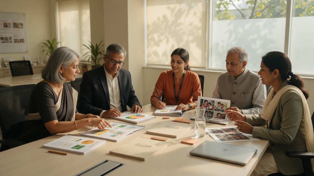 Corporate CSR leaders and nonprofit partners reviewing impact reports together