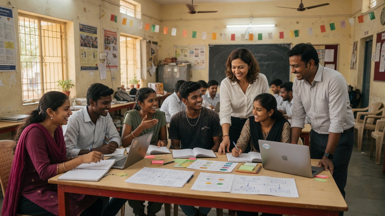 Corporate mentors coaching young learners in a skill-development workshop